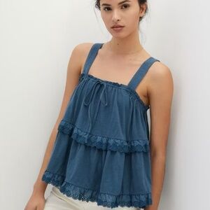 Anthropologie Eyelet Tiered Scalloped Lace Blue Tank Top S